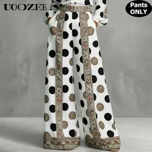 UOOZEE Women's Silky Satin Polka Dot Paisley Print Flowy Palazzo Pants, High Waist with Elastic Back and Pockets for Beach Party
