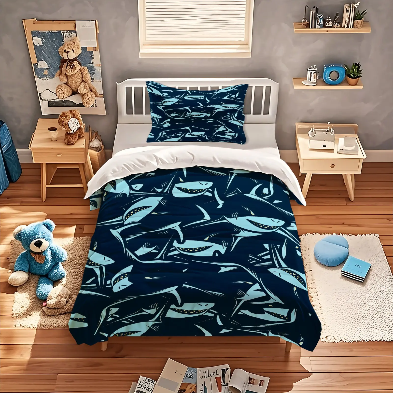 Shark Print Duvet Cover Set, 1 Duvet Cover With 1/2 Pillowcase (Excluding Duvet Core And Pillow Core), Suitable For Teenagers And Adults In Bedrooms, Dormitories, And Guest Rooms, Suitable As a Gift And Decoration