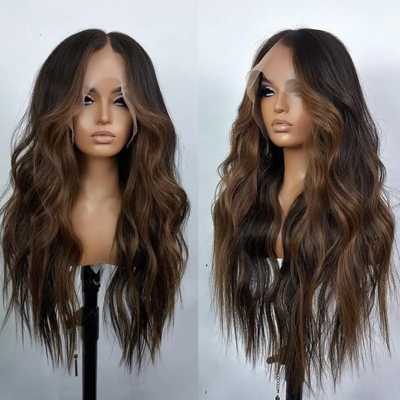 Synthetic Lace Front Wigs for Black Women Highlight Brown Mix Black Natural Wavy Glueless Wig Ready to Wear 13x4x1 HD Lace Pre Plucked Middle Part Wig 26 Inch