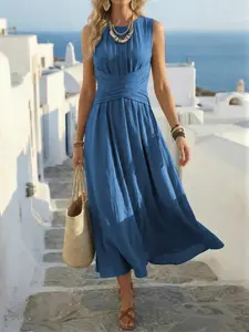 Four-Season Sleeveless Round Neck Long Dress, Crossed Pleated Waist Blue A-Line Skirt, Ideal for Women's Mediterranean Beach Vacations, Elegant