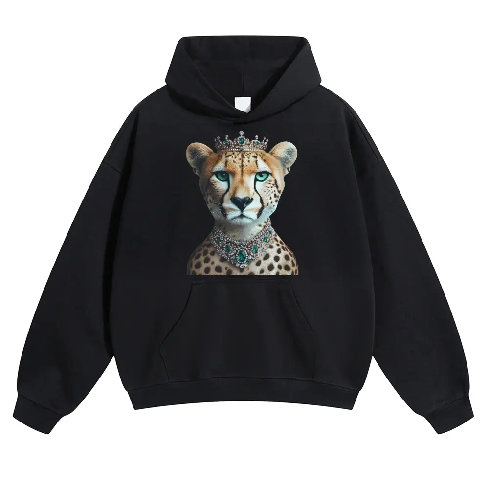Unisex Portrait of a cheetah wearing an emerald and diamond necklace with a crown Graphic hoodie Personalized Pattern Y2k Clothing Round Neck hoodie,Women's Clothing, Menswear, Top, Vintage Style,Summer Casual Oversized