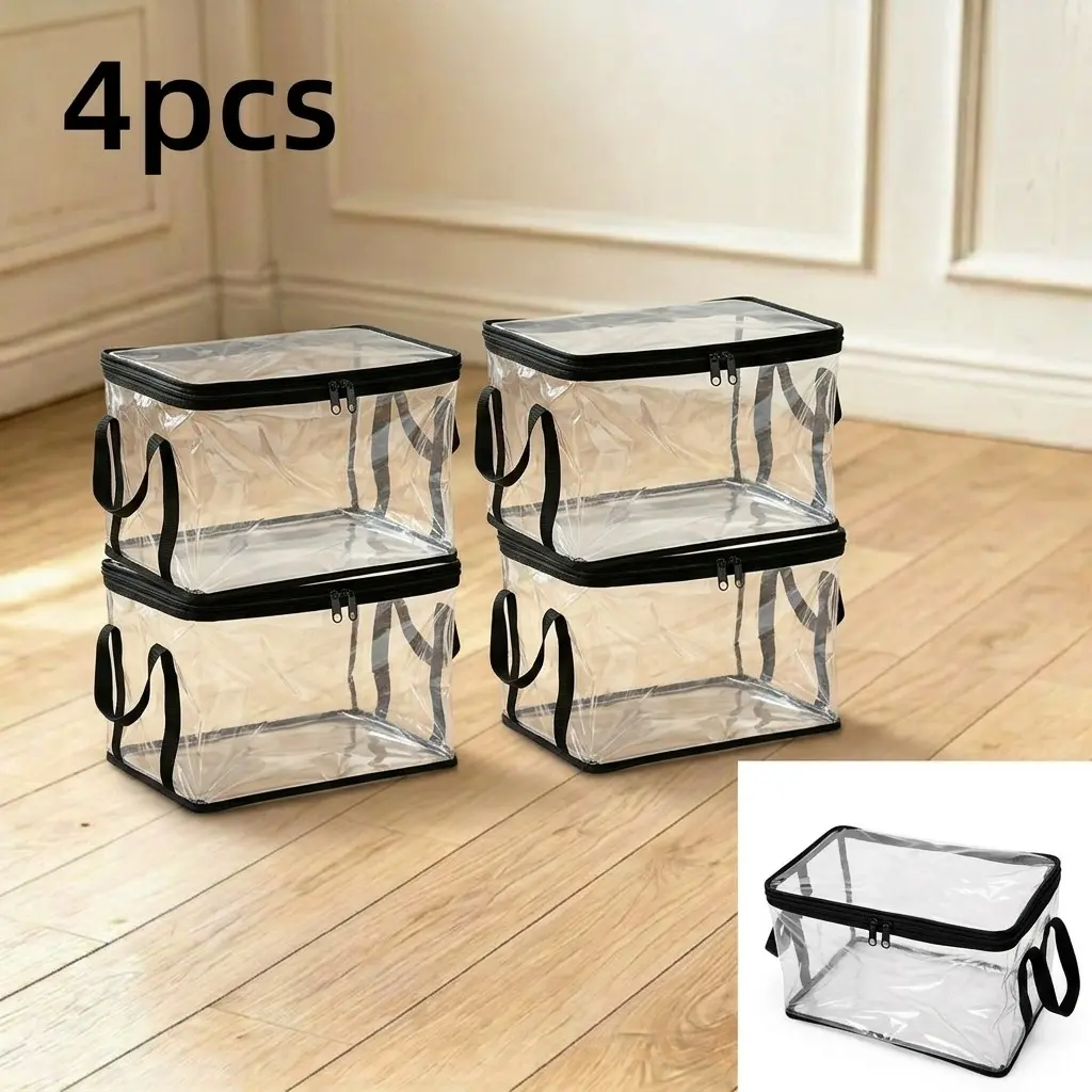 4pcs Large Heavy-Duty Thick Plastic Clear Storage Bags, Home Organizer Bag Stackable Foldable Moving Bags with Lids Handles Zipper, Ideal for Home Camping Travel, Portable Storage Bag