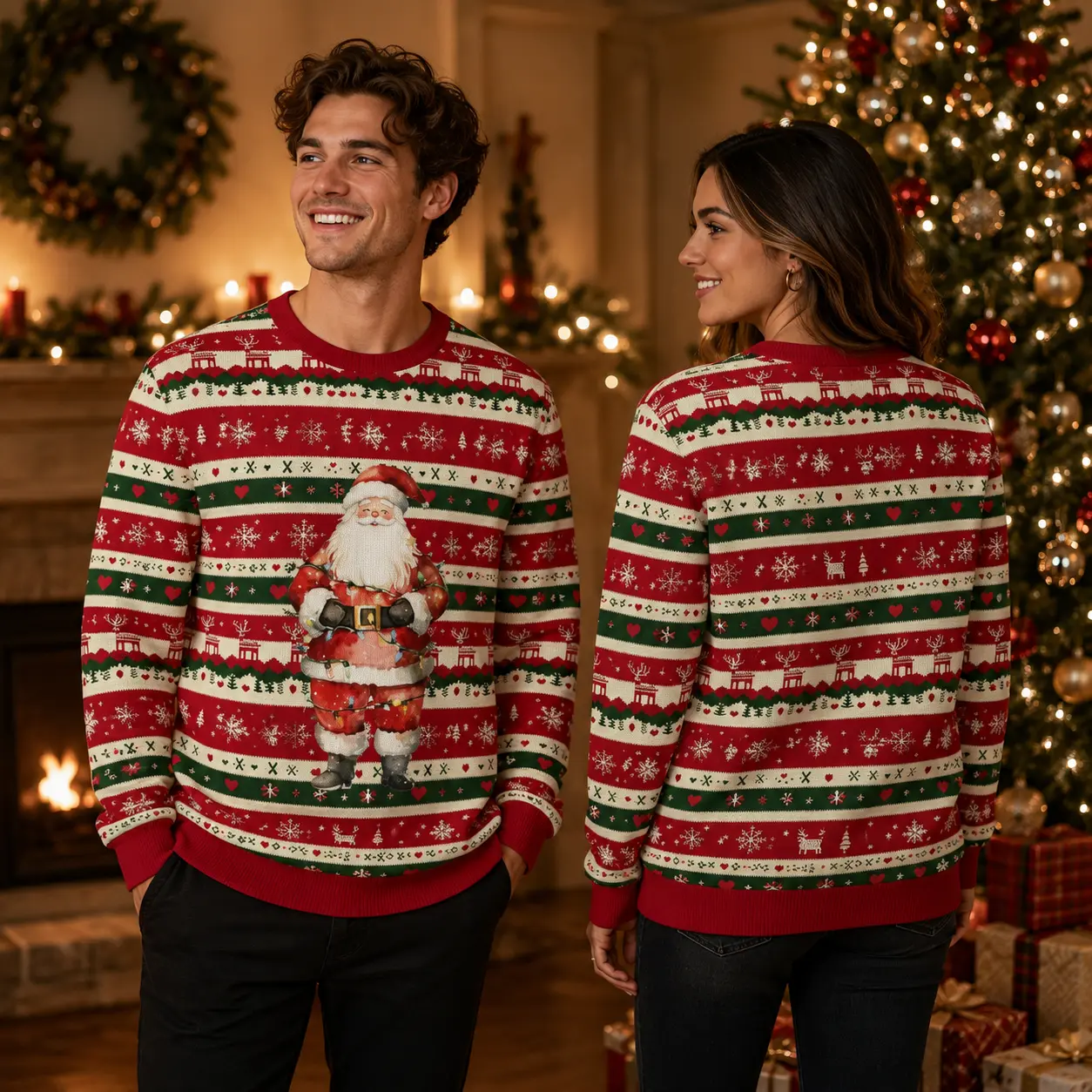 Christmas Ugly Sweater Sweatshirt for Men Women, Santa Claus Reindeer Snowman Graphic Crewneck Pullover, Funny Holiday Winter Sweater with Nordic Fair Isle Pattern, Xmas Party Outfit, Family Matching Christmas Clothing, Cozy Holiday Gift Top