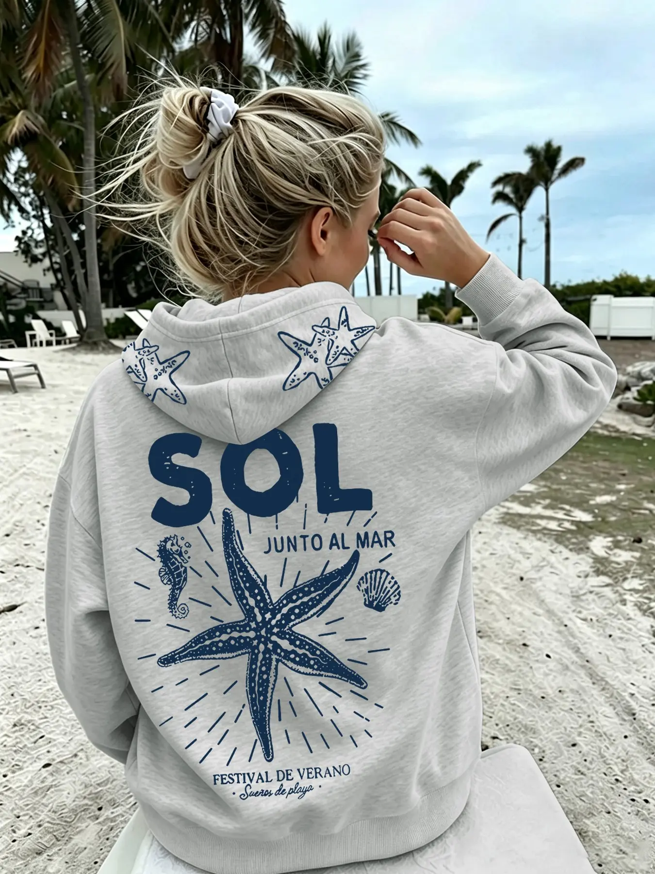 Women's Sweet Cool Drawstring Hoodie, Seahorse Starfish Print, Casual Long Sleeve Top, Fall Winter Essential, Comfortable and Stylish, Pockets