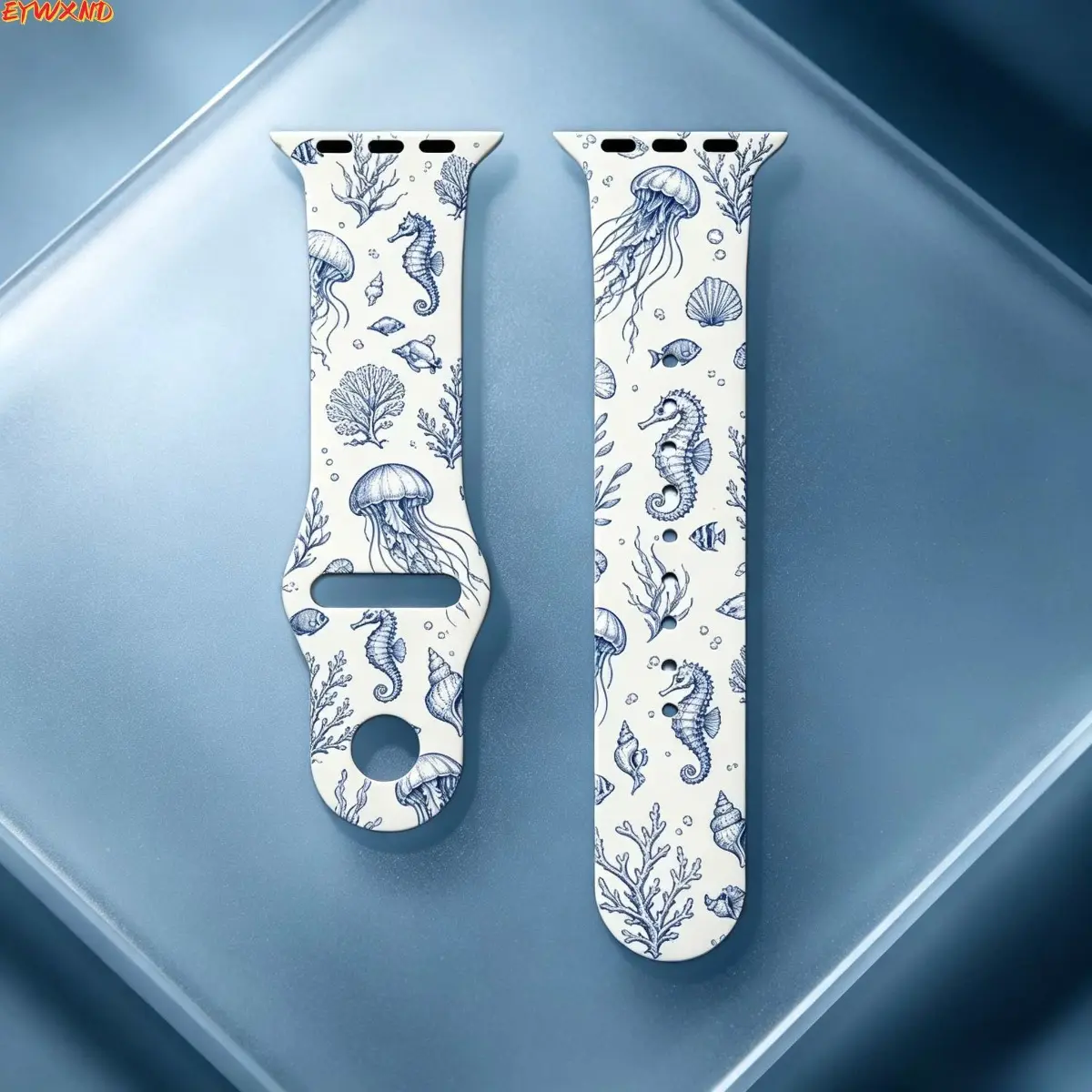 EYWXND Vintage Nautical Silicone Coastal Strap - Cream Blue Sketch Jellyfish Seahorse Coral Print, Waterproof, Adjustable Holes, Multi-Size Soft Luggage & Bag Accessory, Snug Fit, Everyday Wear