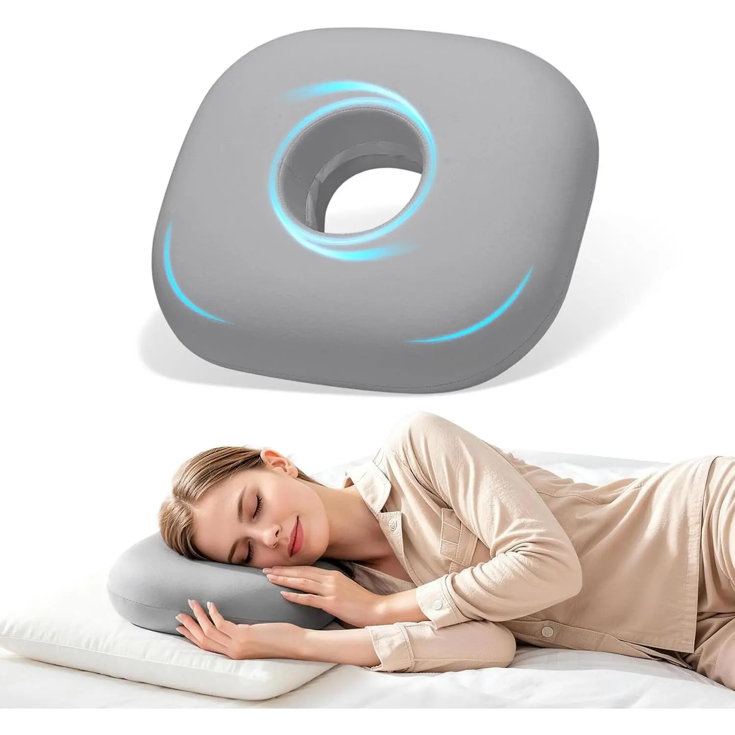 Ear Piercing Pillow with Hole for CNH & Pressure Sores |   ear pillow for side sleepers. Relieves CNH pain, pressure sores & ear inflammation. Washable cover.