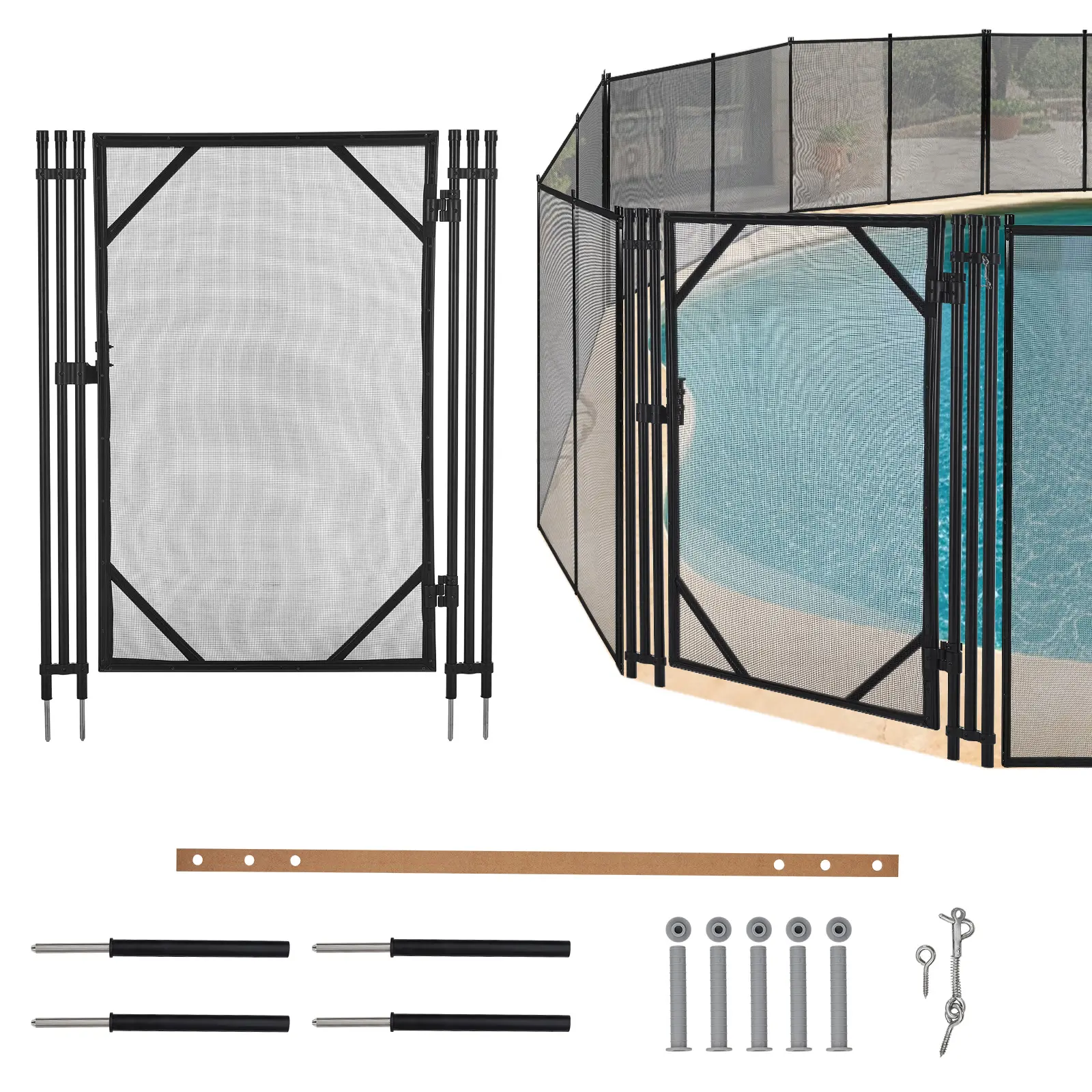Removable Pool Safety Fence and Gate Kit, 4 FT Tall Mesh Barrier for Inground Pools and Backyard Decks, 340 GSM Teslin PVC Screen with Aluminum Alloy Posts, Stainless Steel Ground Spikes and Latch, DIY Installation, Child and Pet Access Deterrent, Black