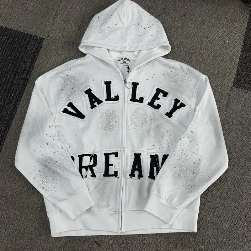 VALLEY DREAMS Rhinestone Star Splatter Distressed Patch Zip Up Hoodie 100% Cotton Loose Oversized Y2K Hooded Sweatshirt Autumn Winter Streetwear Jacket Top Men Women Unisex