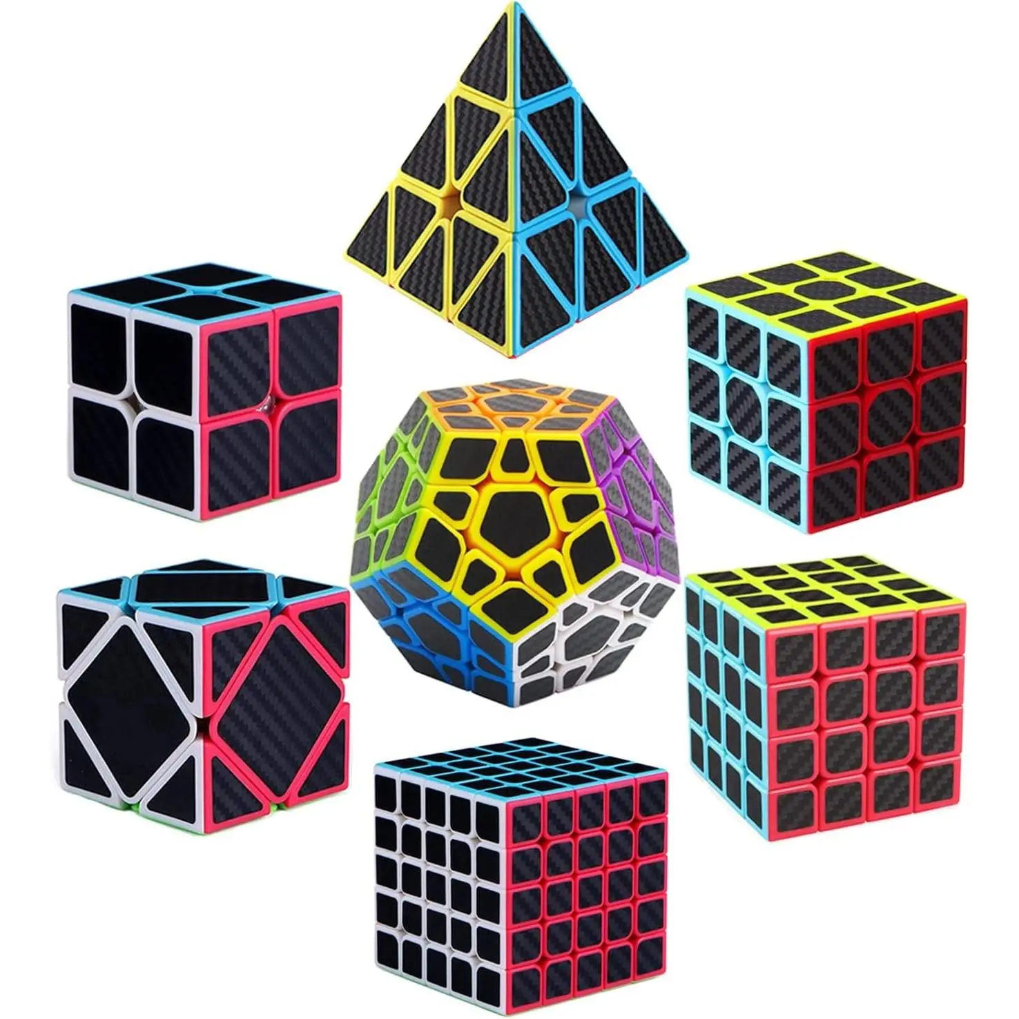 Speed Cube Set, 7 Pack Magic Cubes - 2x2 3x3 4x4 5x5 Megaminx Skew Pyramid Cube, Carbon Fiber Sticker Smooth Speed Cubes Collection Puzzle Toy for Kids Teens & Adults