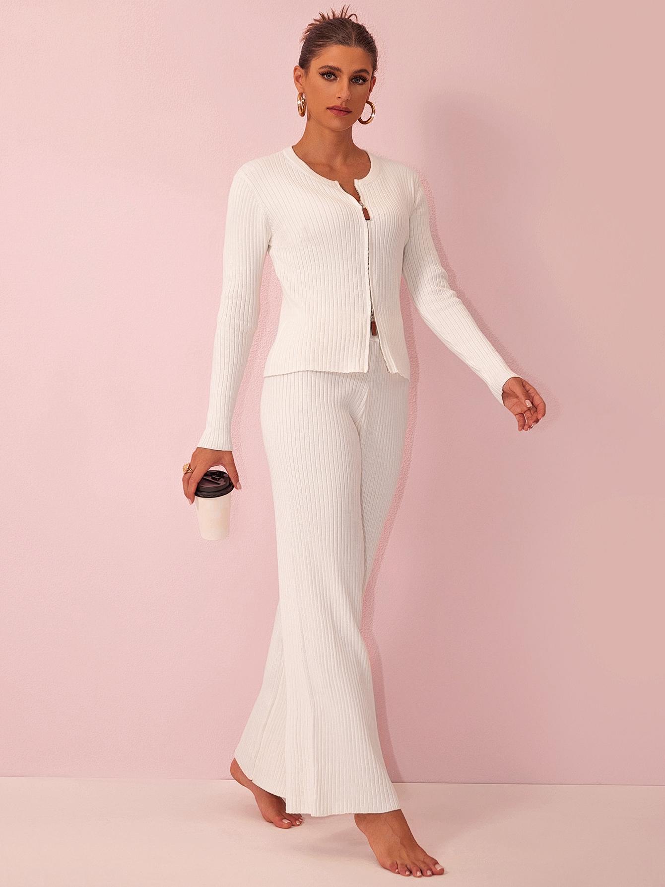 Joyfunear Women's Casual Solid Color Ribbed Knit Zip-Up Cardigan & Wide-Leg Pants Set - Adjustable Fit, Long Sleeves, Loungewear