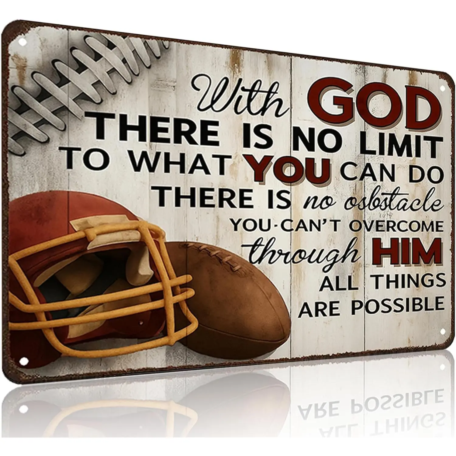 Inspirational "With God There's No Limit" Football & Helmet Rectangular Tin Sign, 8x12in Wall Home Supplies Decor for Boys' Rooms, Man Cave