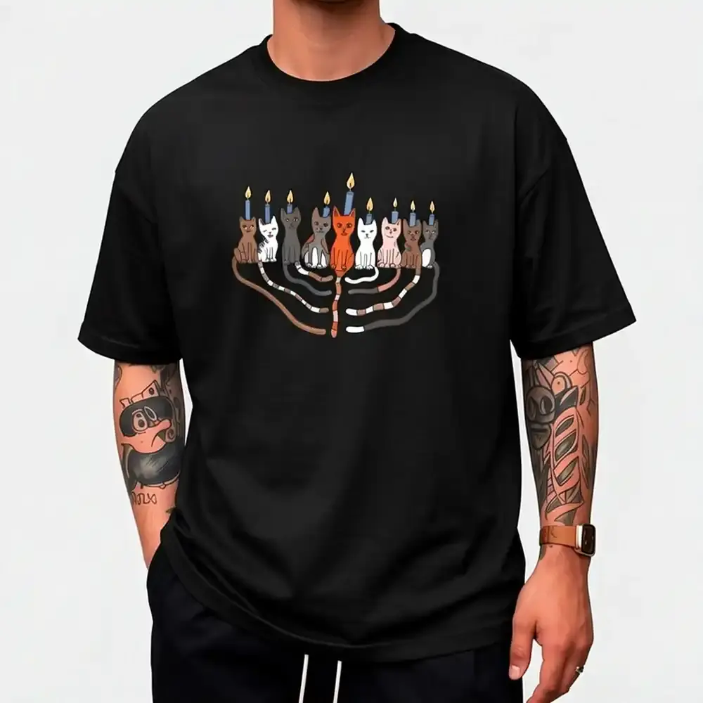 Men'S Funny Hanukkah Cat Menorah T-Shirt, 100%, Regular Fit, Stretchy, Round Neck, Printed, for Men, Seasonal Festive Wear.For Men 2026 Summer Short-Sleeved Printed T-Shirt