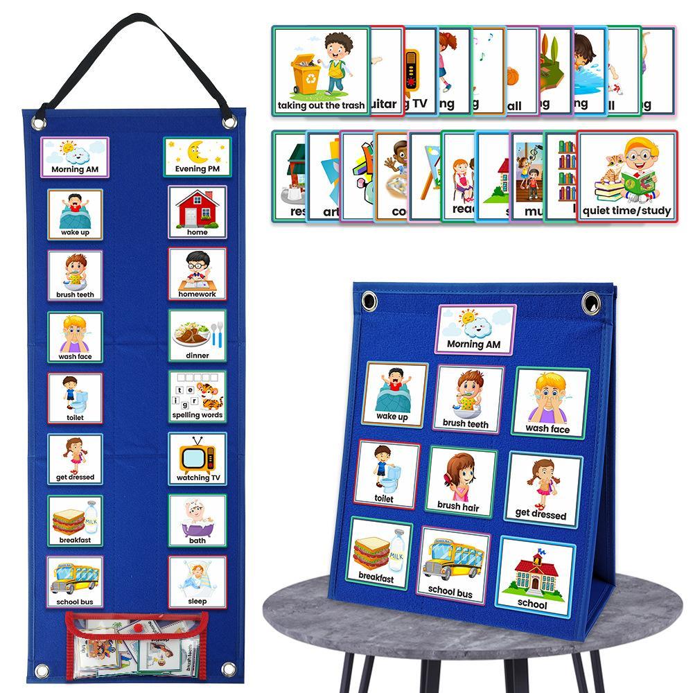 Visual Schedule Chart for Kids Daily Routine Card, 1 Set Affairs Pattern English Card with Display & Bag, Parent-child Interactive Game Props, Learning Materials