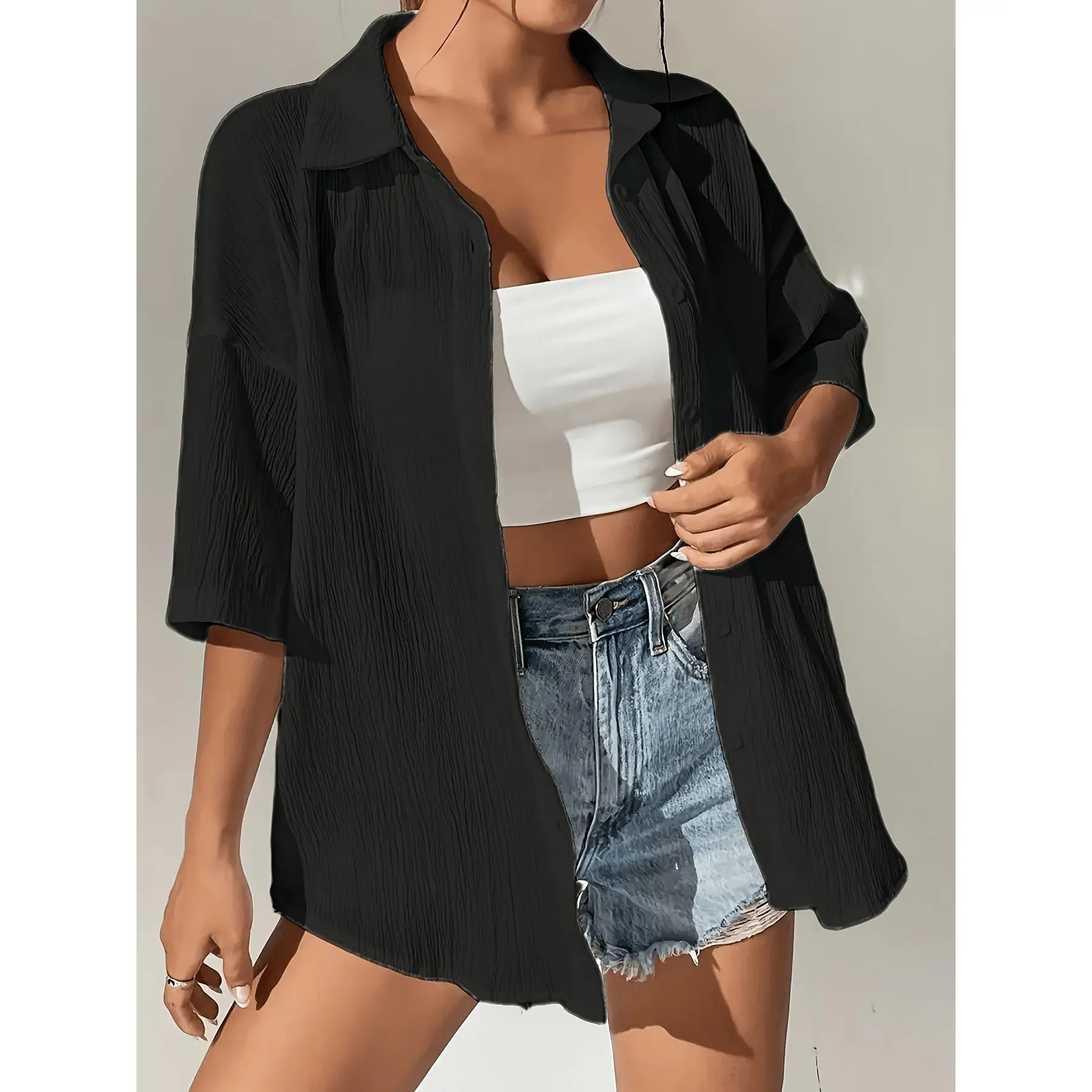 Women's Swimwear Cover Up, Casual Plain Loose-Fitting Short-Sleeve Outdoor Top with UV Protection for Vacation, Multi-Size