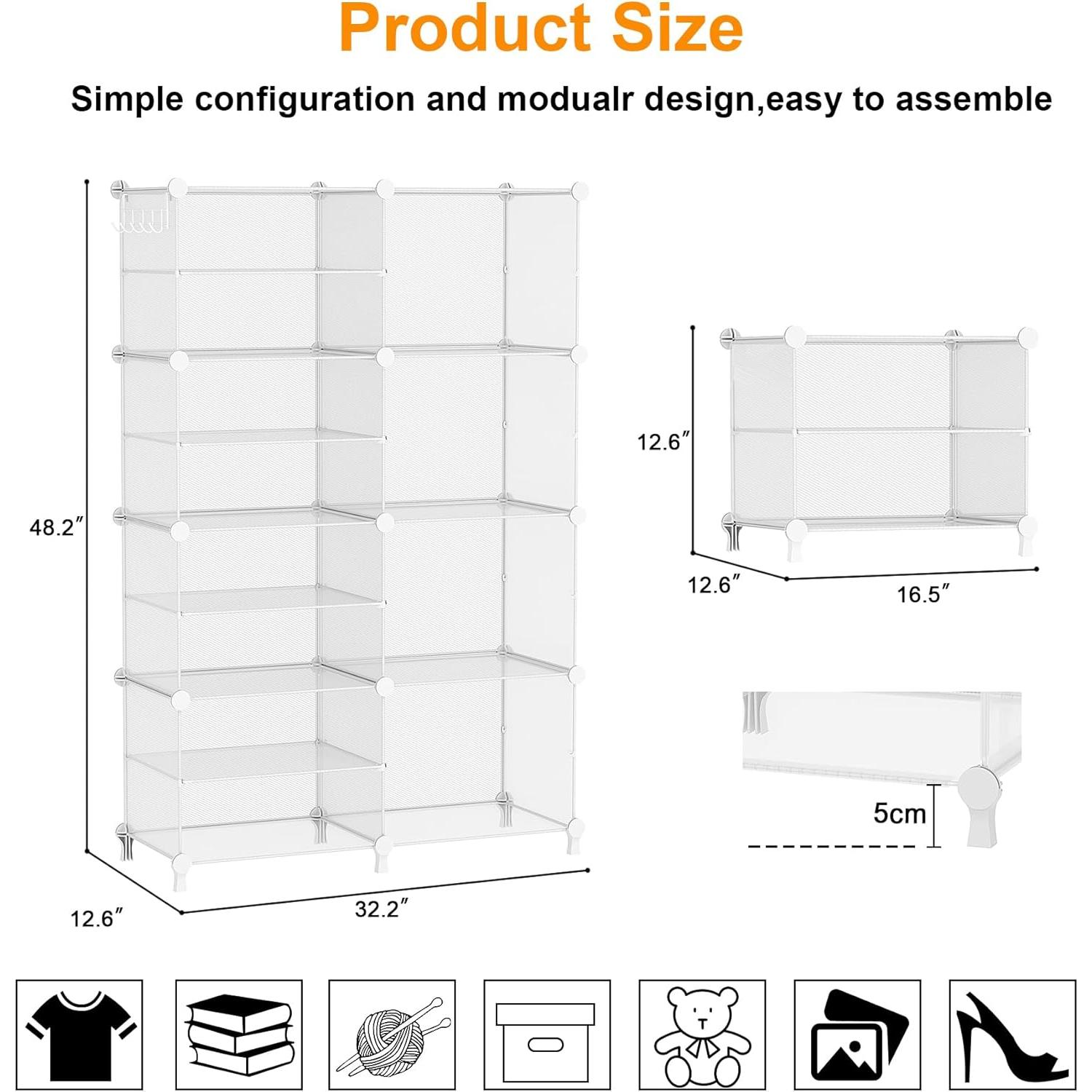 Closet Organizer 8 Cube Storage Shelves Clothes Organizers Closet Storage Stackable Cubby Shelving for Closet Bedroom Living Room Office, Transparent Twill