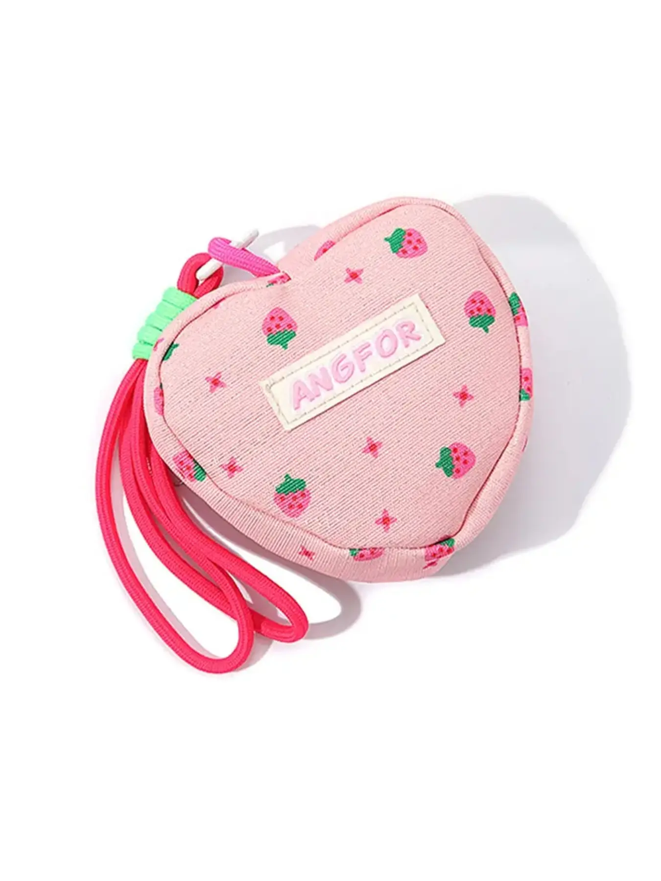 Viral Strawberry Print Heart Coin Pouch, Pastel Pink & Blue Fabric Mini Storage Bag with Braided Wrist Lanyard. Kawaii cottagecore portable organizer for earbuds & lip gloss, daily backpack decor, sweet matching birthday gift for teen girls & best friends
