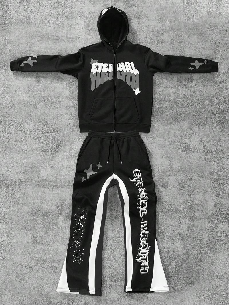 Men's Colorblock Star & Slogan Graphic Print Zip Up Sweatshirt & Drawstring Waist Sweatpants Set, Regular Fit Casual Streetwear Long Sleeve Hooded Sweatshirt & Pocket Flare Leg Pants, Men's Two-piece Outfits for Daily Wear, Sets for Men Clothing