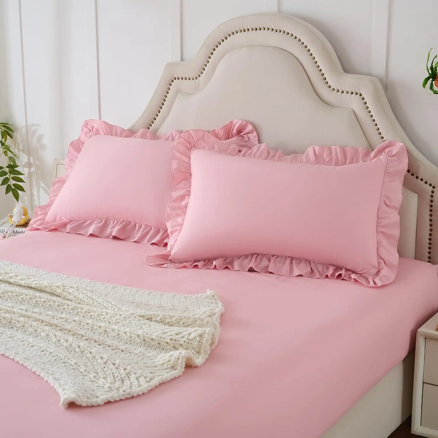 3-Piece Ruffle Pillow Case & Fitted Sheet Set, Light| 15 Inch Deep Elastic Grip, 1800TC Microfiber Moisture-Wicking, 3-Inch Ruffled Trim, Coquette, Machine Washable