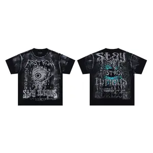 FIRST ROW Gothic Eye Graphic T-Shirt, Black Acid Wash Oversized Streetwear Tee, men's graphic tees, graphic tee, summer graphic tees, vintage t shirts, Father's Day Gift