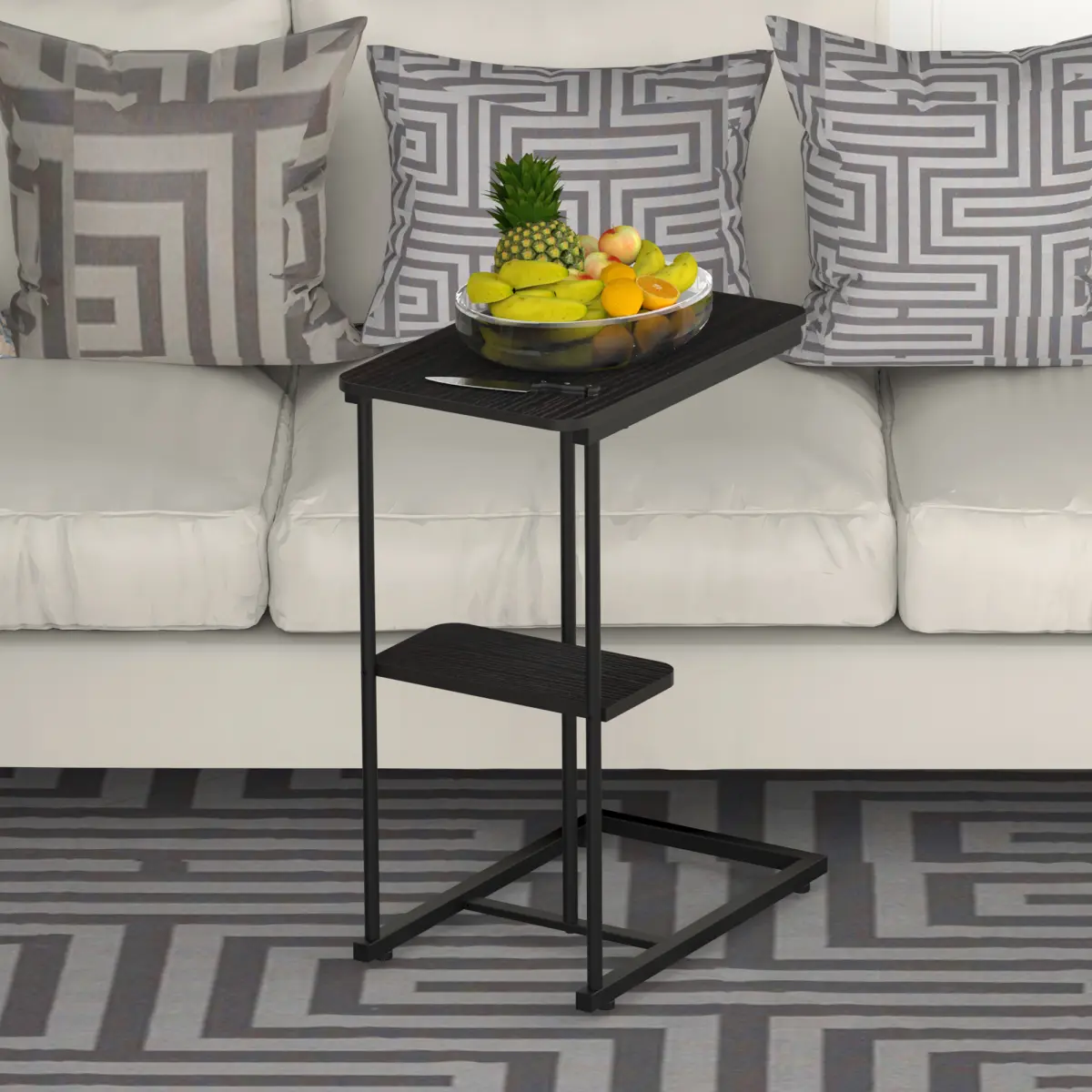 Black Wood-Look Sturdy C-Shape End Table (ST02) with Metal Frame, Compact Portable Accent Table, Easy Fold-Up Design, Reinforced Legs, Storage Basket for Bed & Sofa, Multi-Functional Snack Holder & Laptop Stand