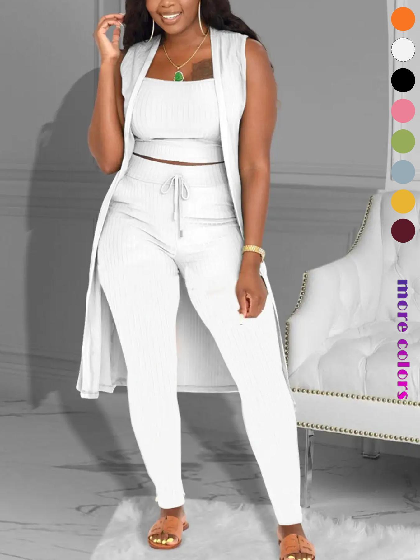 Three-Piece Set Women's Solid Crop Tank Top & Tie Front Pants & Open Front Outerwear Set Suits, Casual Cropped Top & High Waist Trousers & Outerwear, Ladies Clothes for Daily Wear