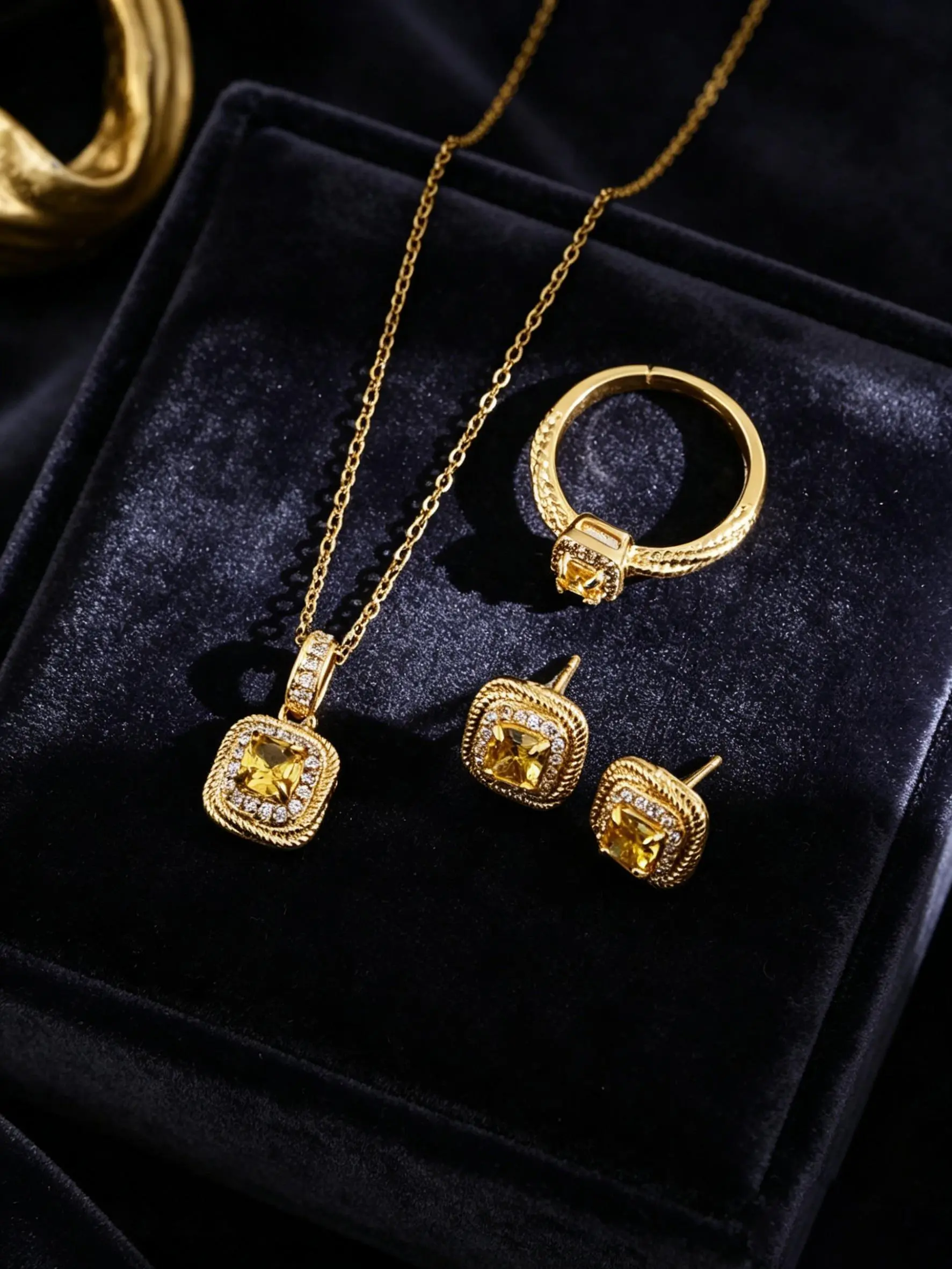 3PCS 18K Gold Tone Plated Jewelry Set, Square Cushion Imitation Citrine Cubic Zirconia Pendant Necklace, Stud Earrings & Adjustable Open Ring, Double Halo Pave CZ, Hypoallergenic Tarnish Free, Luxury Wedding Daily Statement Jewelry Gift For Women