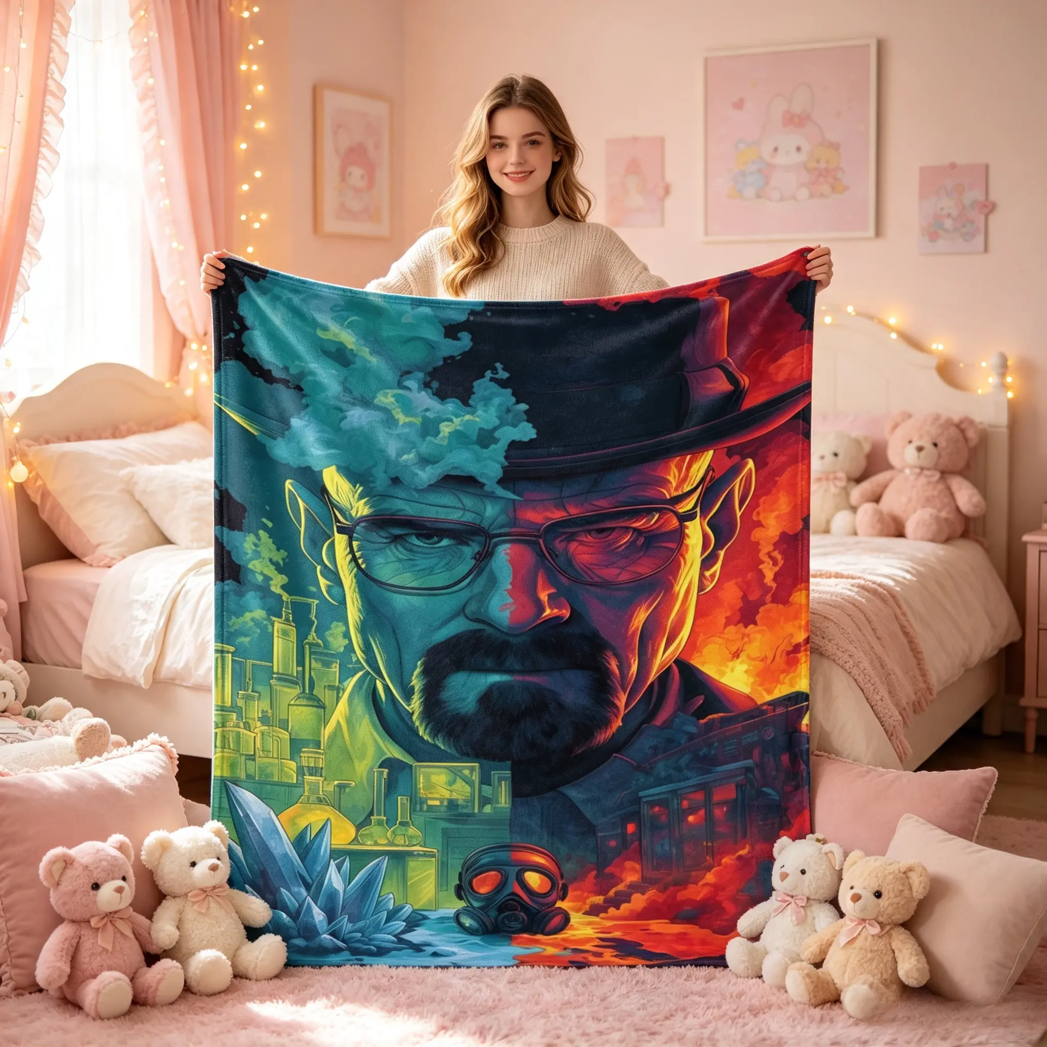 Dual Color Neon Walter White Lab Crystal Gas Mask Art Flannel Throw Blanket, Breaking Bad Themed Vibrant Gradient Art Blanket for Man Cave Bedroom Wall Decor, Cool Birthday Christmas Holiday Gift For TV Show Fans TikTok Viral Amazon Must Have