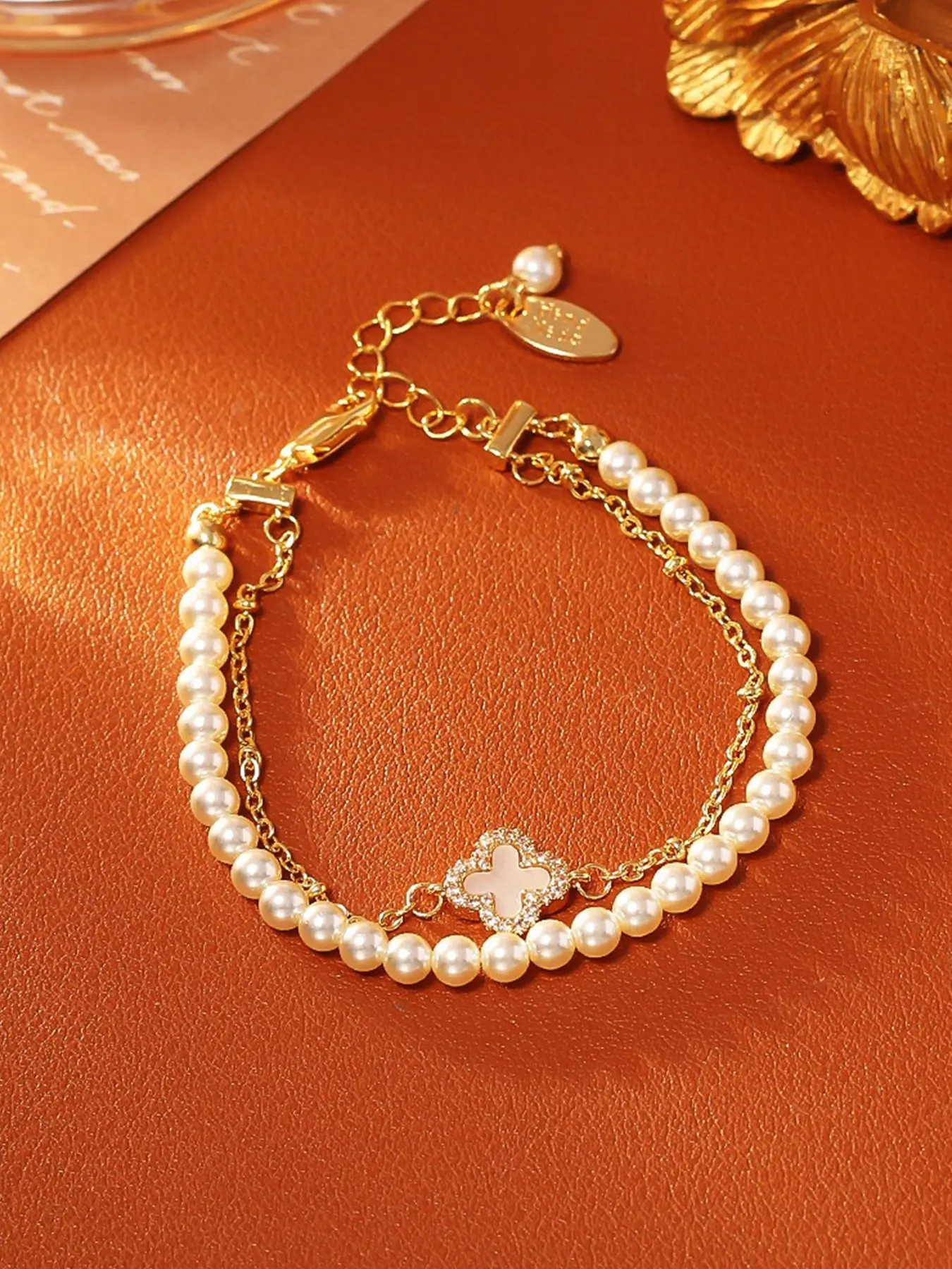 Natural Mother-Of-Pearl Clover Pearl Bracelet, Dual Layer Stack Design, Elegant Fashion Jewelry, Perfect Gift for Women