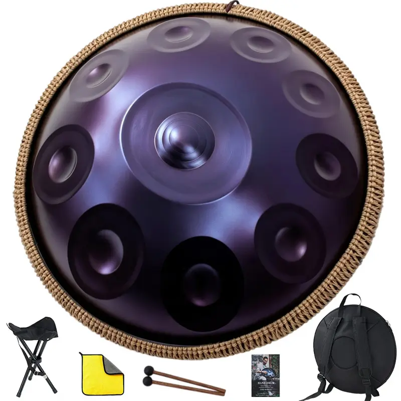 Handpan Drum 22 Inch, 10 Notes Triple-topped Hand Drum Instrument, 432Hz D Minor Kurd Premium Steel Hand Pan Drum for Adults, Complete Kit Includes Carrying Case, Stand, User Manual
