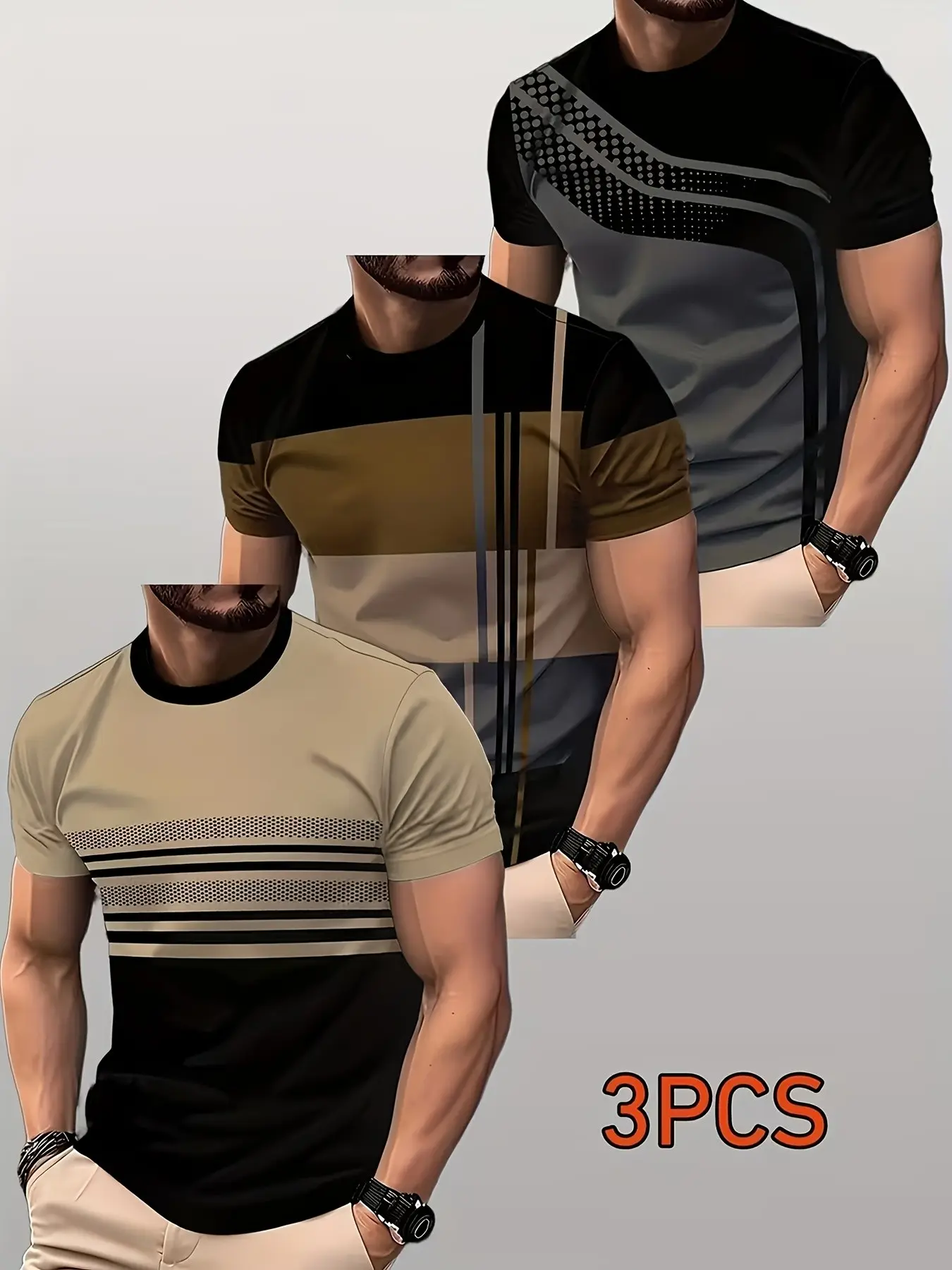 3pcs Men's 3-Pack Short Sleeve T-Shirts, Geometric Pattern, Slim Fit, Casual Style, All Seasons, High Value Bundle Set
