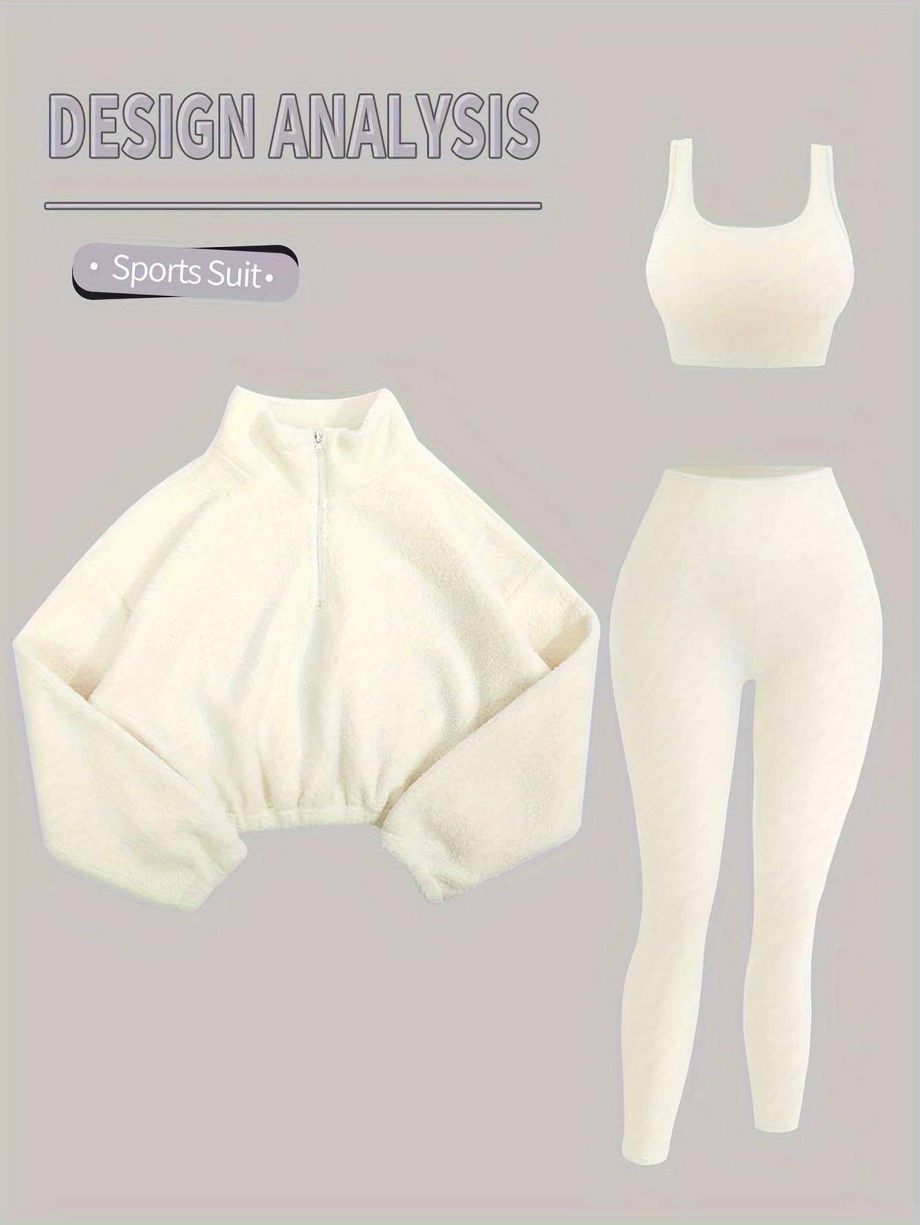 Amoyer 3-Piece Tracksuit Set for Women, fleece-lined zip jacket + top + high-waist pants, cozy winter activewear for gym, running, travel