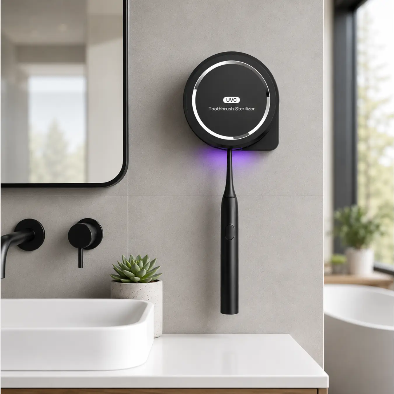 UV Toothbrush Sanitizer Holder with Fan Drying, Portable Toothbrush Cleaner Case for Electric & Manual Brushes, Bathroom Travel Toothbrush Cover Caps, Black Sterilizing Wall Mount