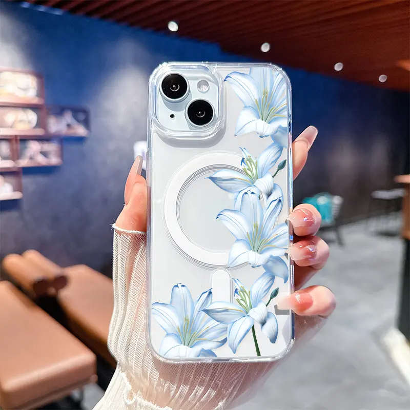 Ice-blue lily pattern phone case featuring drop and slip resistance and MagSafe compatibility; suitable for iPhone 17, 16, 15, 14, 13, 12, 11, XS, X, and other series models-an ideal gift for friends or family.