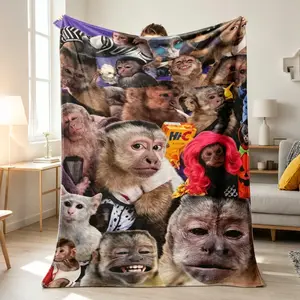 Weirdcore Monkey Meme Flannel Blanket, Funny Monkey Collage Print, Super Soft Cozy Throw, Adult Flannel Blanket, Kids Flannel Blanket, Plush Sofa Bed Travel Meme Gift