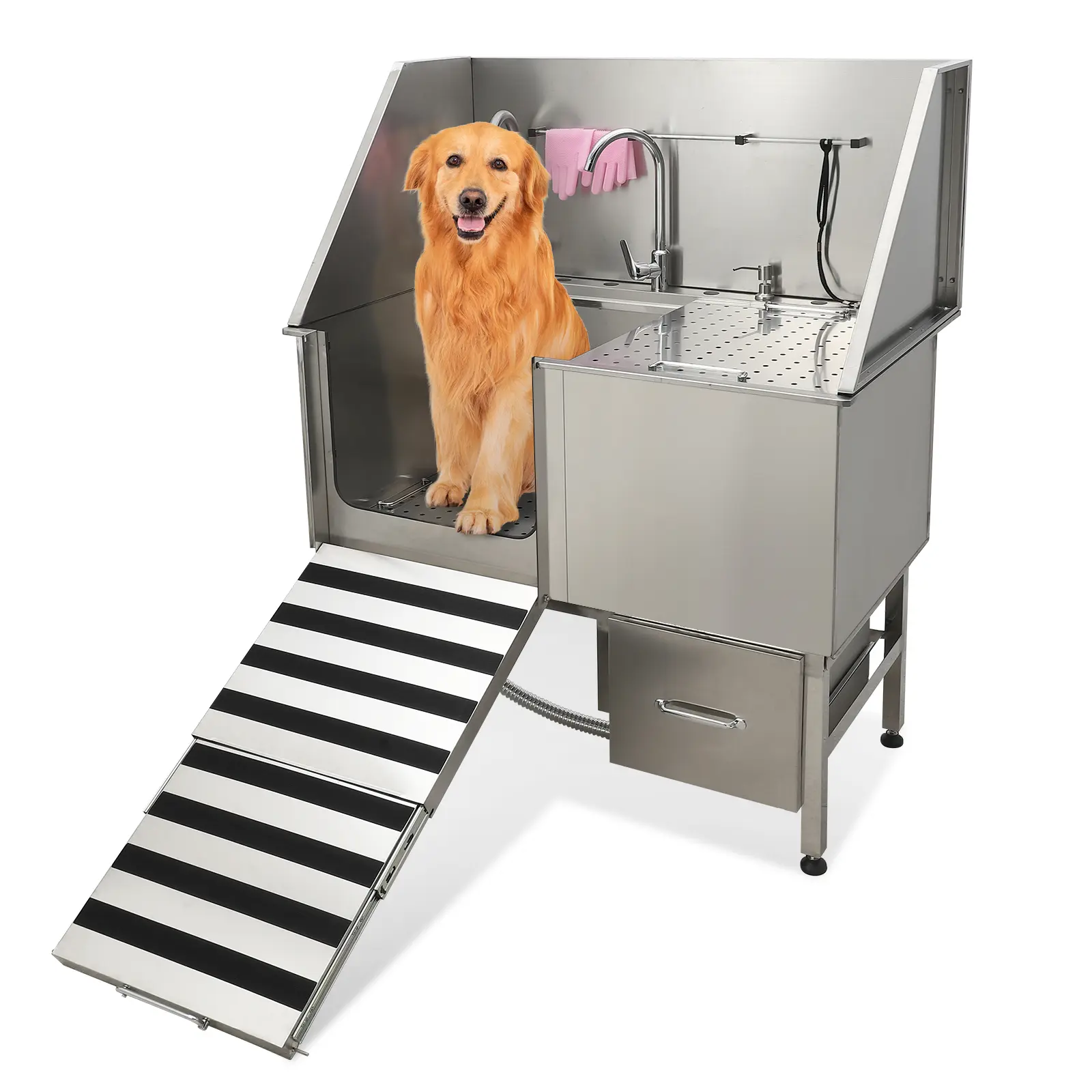 Stainless Steel Dog Grooming Tub – Professional Pet Wash Station with Collapsible Ramp, Adjustable Floor Grate & Storage Drawer – Two Sizes Available