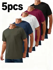 5-Pack Solid Crew Neck Short Sleeve T-Shirts for Men, Comfortable Summer Sportswear, Dry Fit Activewear, Soft Stretch, Lightweight, Moisture-Wicking, Quick-Dry, Outdoor Activities