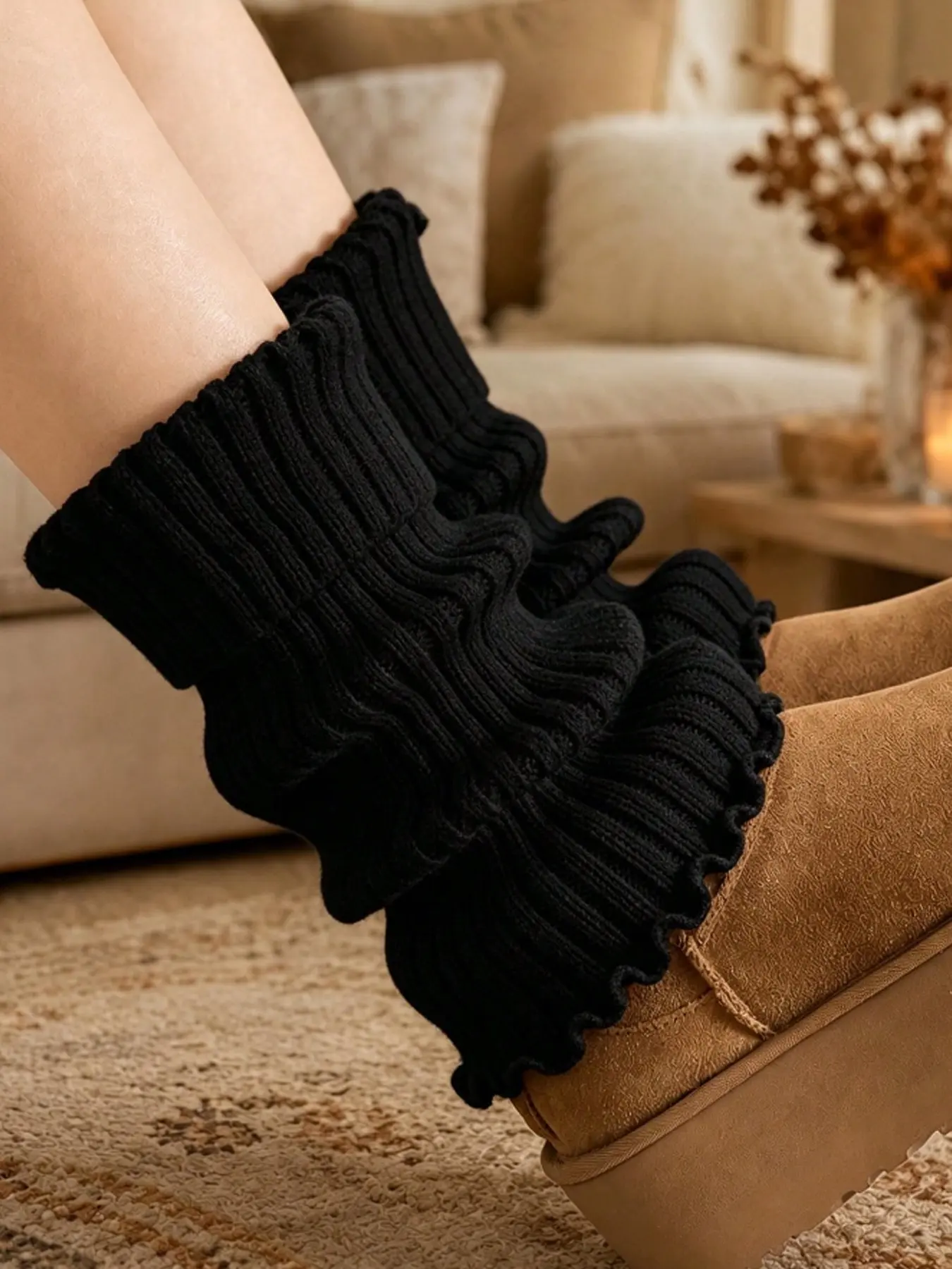 Women's Ribbed Knit Leg Warmers, Ruffled Boot Cuff, Comfortable Elastic Winter Boot Socks, Casual Y2K Style, All Seasons
