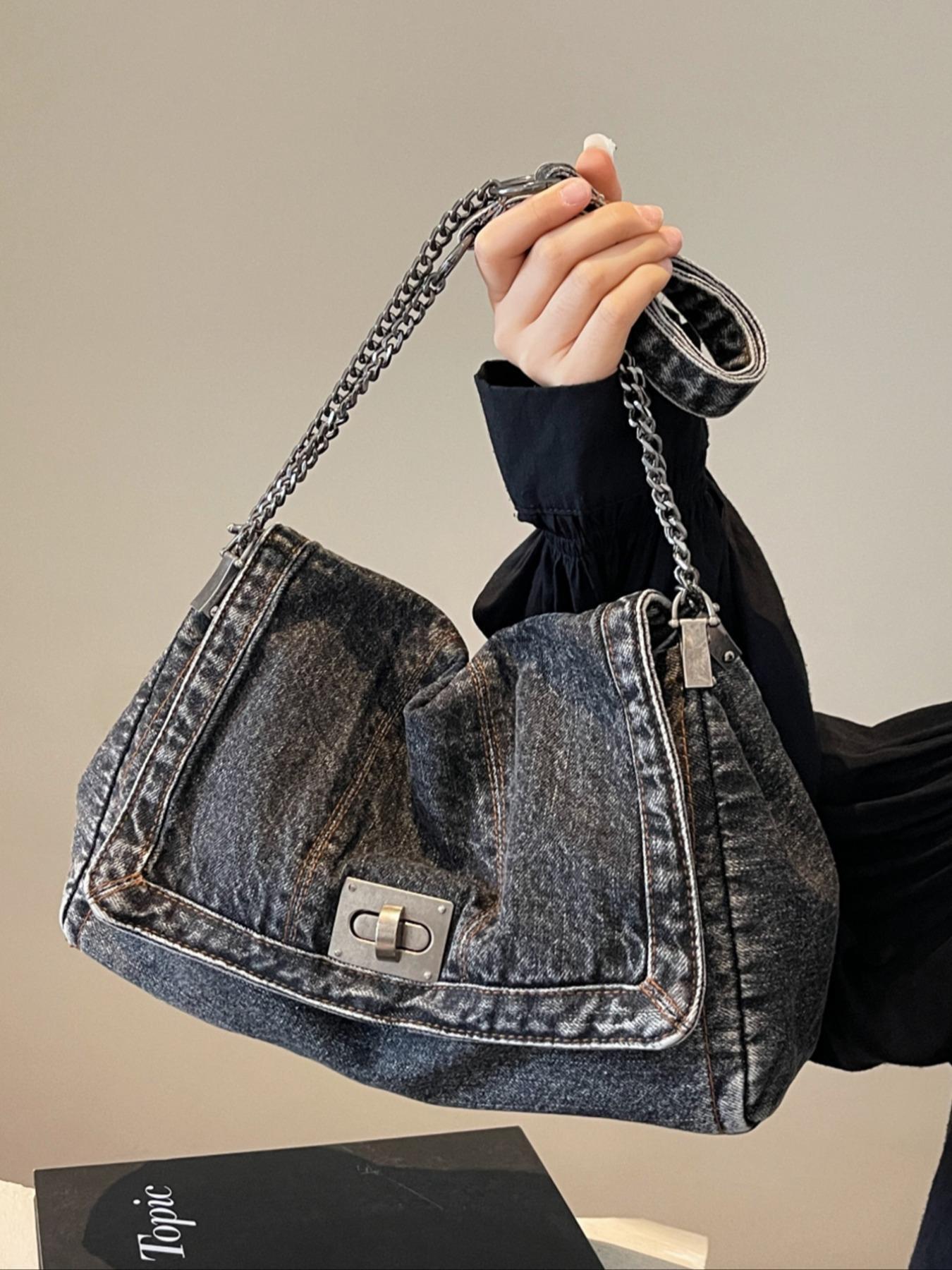 2026 Denim Bag Chain Shoulder Bag Women's Fashion Commuting Work Underarm Bag Vintage Texture Travel Handbag