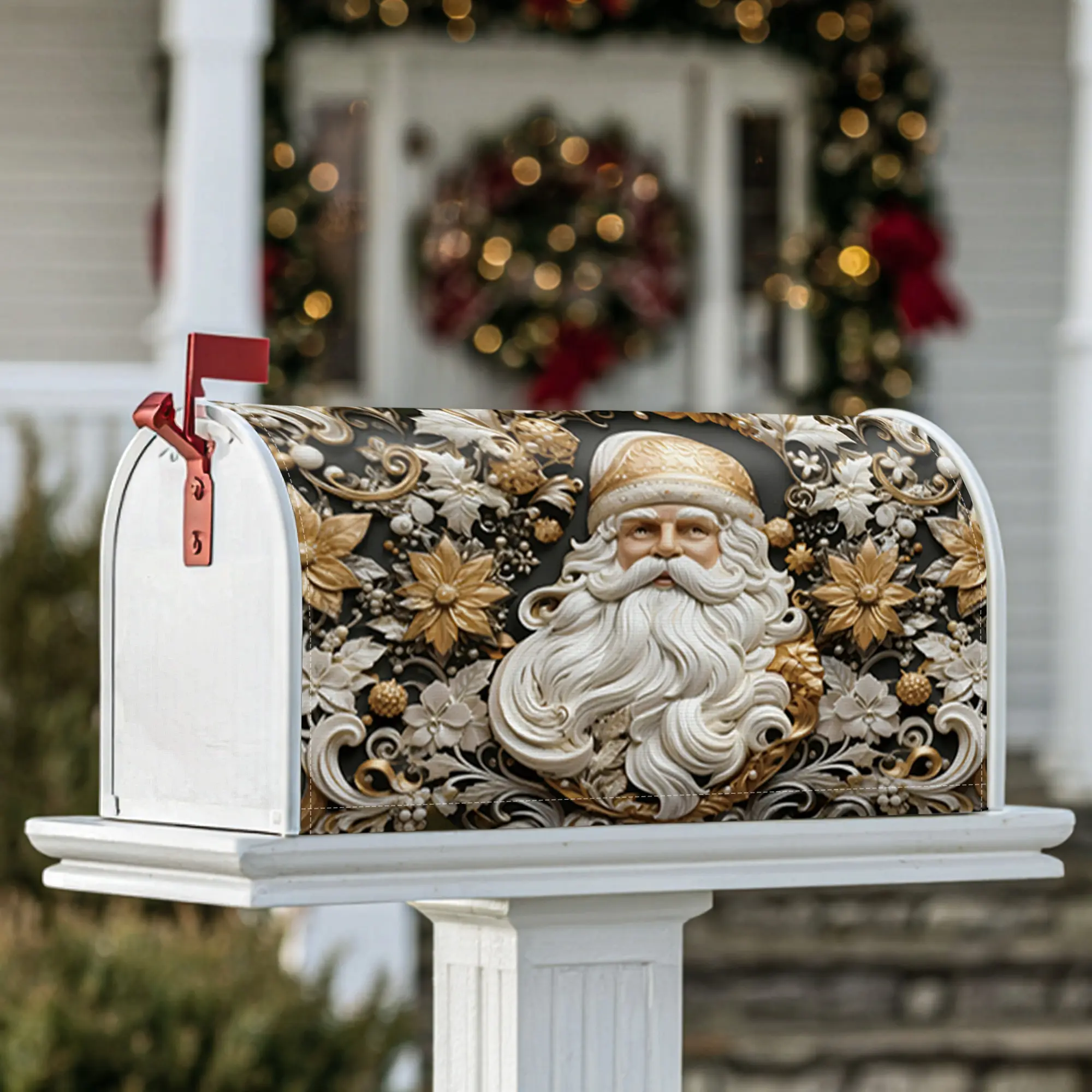 Santa Claus Magnetic Mailbox Covers, Christmas festive flowers ornaments Christmas gold Mailbox Post Cover for Garden Patio Decor