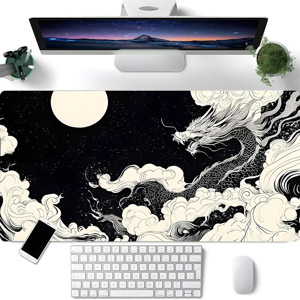 Minimalist Black White Dragon Design XXL Desk Mat, Japanese Anime Pattern Mouse Pad, Rectangular Gaming Mouse Pad, Office Desk Keyboard Mat, Computer Desk Pad with Non-Slip Rubber Base & Stitched Edge for Home & Office Gaming, Desk Accessory