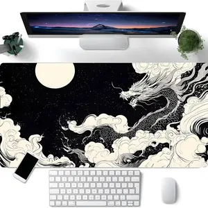 Minimalist Black White Dragon Design XXL Desk Mat, Japanese Anime Pattern Mouse Pad, Rectangular Gaming Mouse Pad, Office Desk Keyboard Mat, Computer Desk Pad with Non-Slip Rubber Base & Stitched Edge for Home & Office Gaming, Desk Accessory