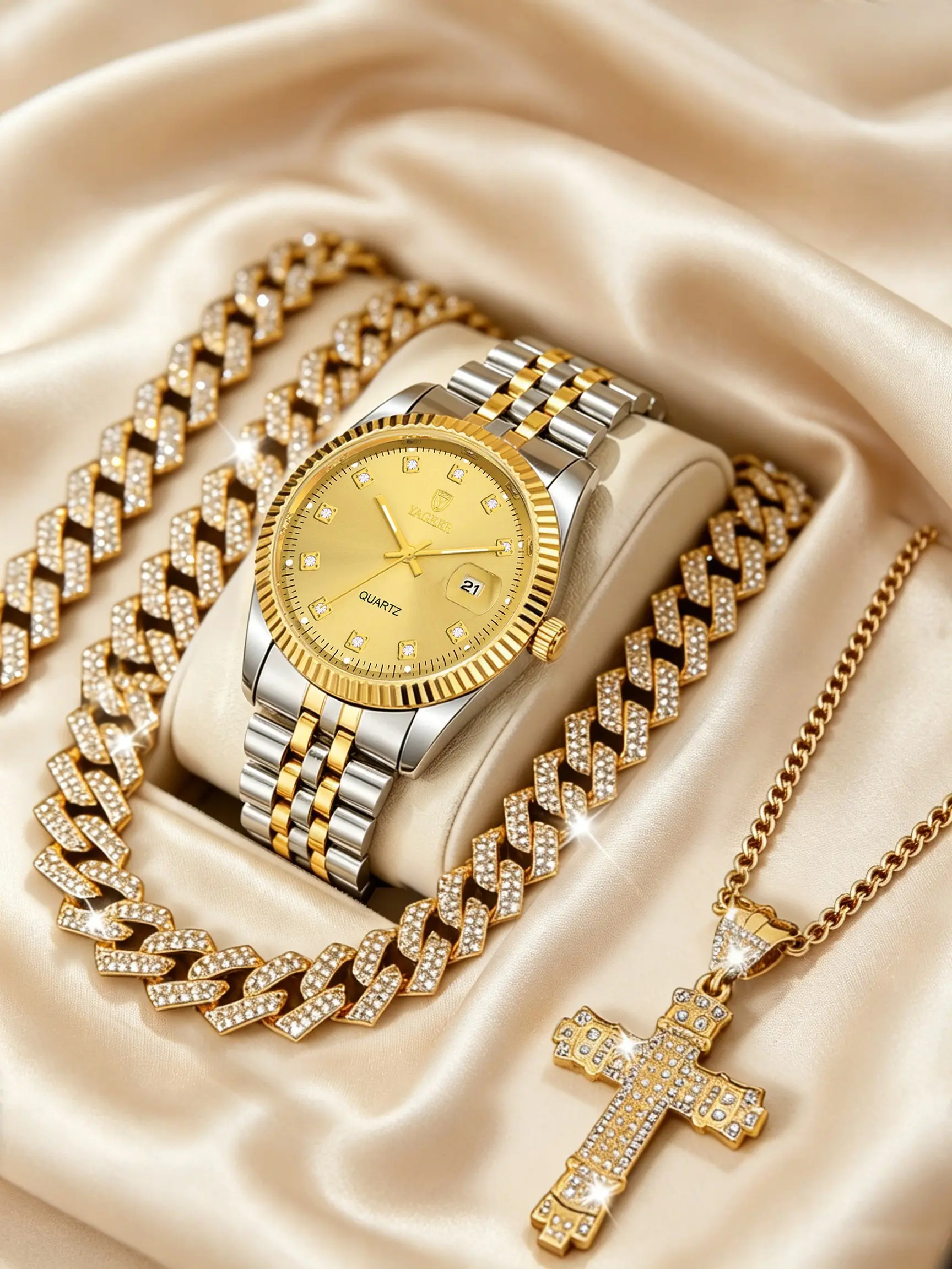 Luxury Men's Watch Set with Hip-Hop Accessories, Stainless Steel, Dial, Quartz Wristwatches, Perfect Gift for All Occasions