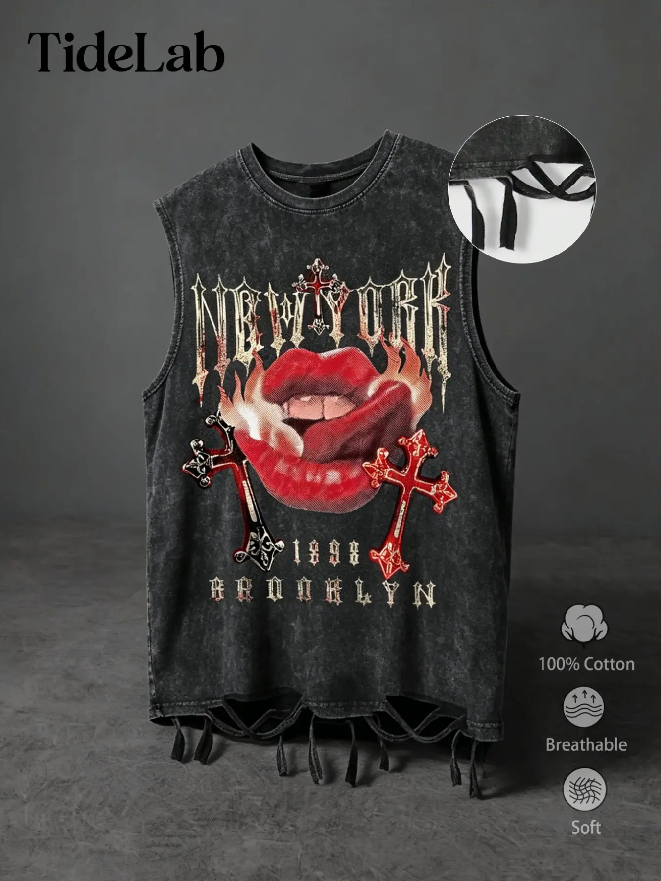 Men's Streetwear Vintage Washed Distressed Sleeveless Vest, Punk Lip Cross Cut Print, Comfortable, Breathable and Fashionable, Ideal for Summer Outings