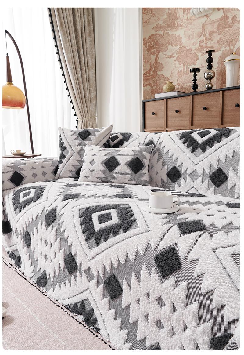 Bohemian Plush Sofa Throw Blanket, Geometric Pattern Design, Pet-Friendly, All-Season Use, Home Decor, Sofa Couch Covers, Sofa Slipcover
