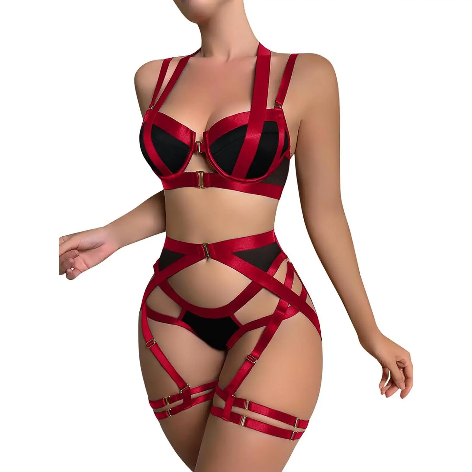 Sexy Lingerie Set 3 Piece Women Outfit Bra Panty | Strappy Garter Goth Plus Curvy Leather Harness Push Up Exotic Halloween Christmas Valentines Boudoir
