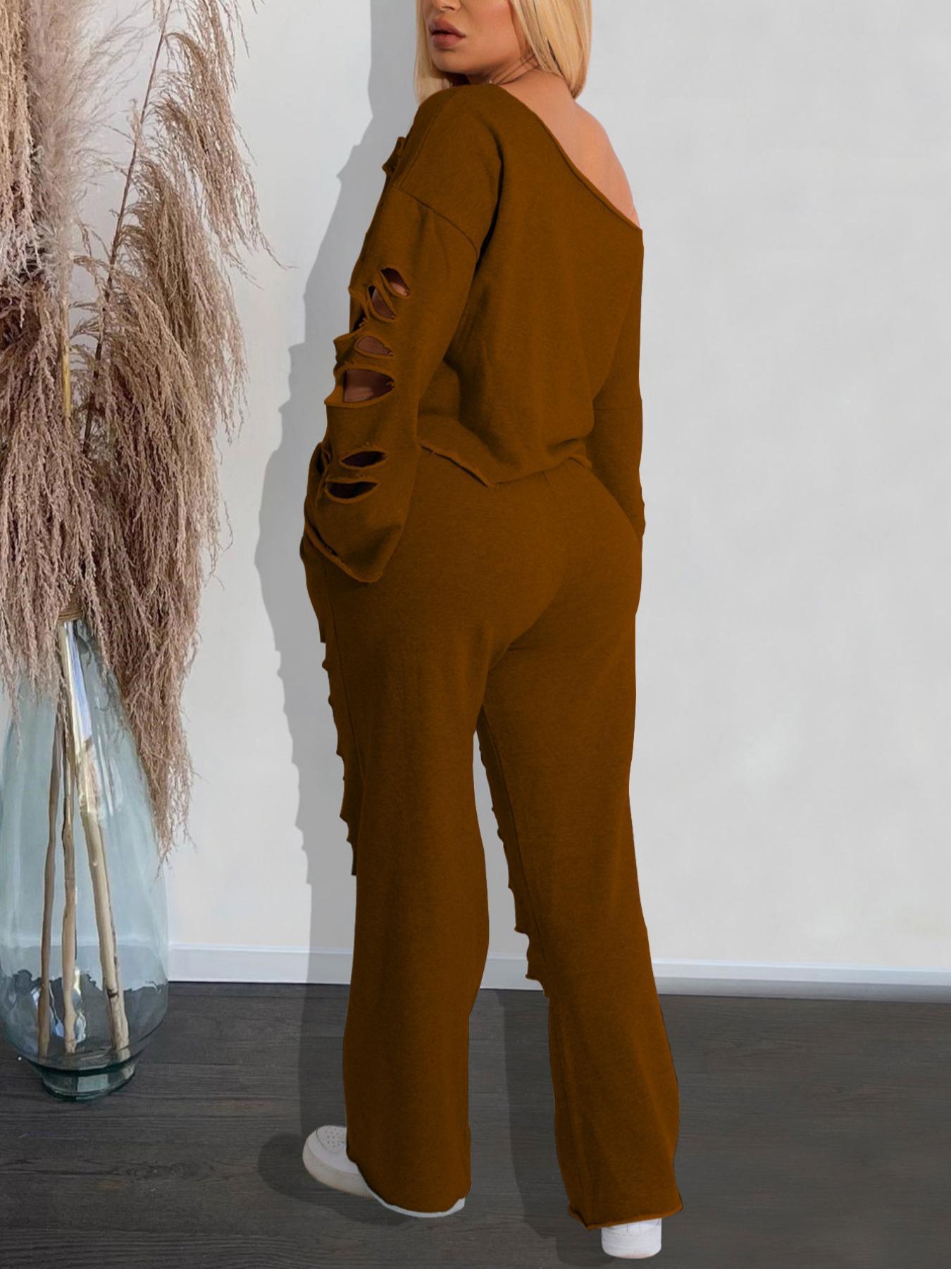 Women's Ripped Asymmetrical Neck Jersey Pullover & Wide Leg Pants Set, Solid Drop Shoulder Top & Ripped Trousers Set, Fashion Cozy Outfits for Daily Wear, Co-ord Sets for Women, Sweatsuit Set Outfit, Clothes