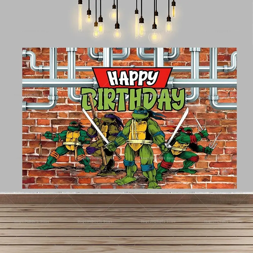 Ninja Turtles Backdrop TMNT Cartoon Backdrop Tapestry Wall Hanging Photography Background Polyester Action Hero Birthday Party Decor Boys Studio Use Event