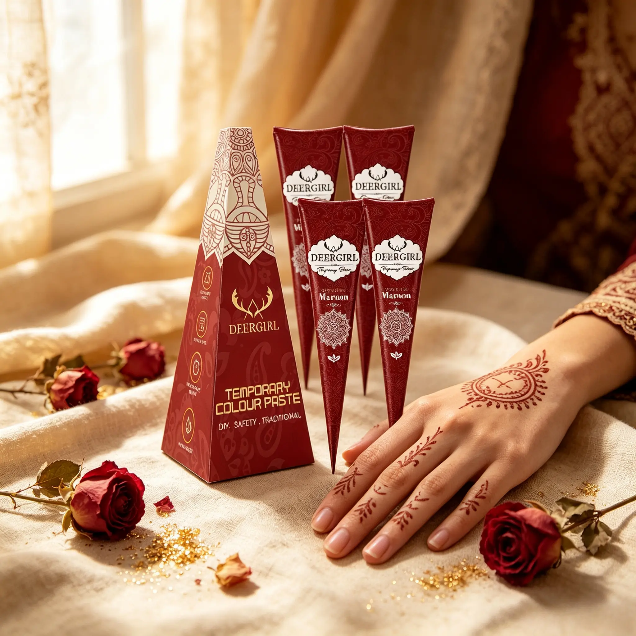4 safe natural henna tattoo cones with multi-color blendable paste, kid-friendly mild formula. Water & rub resistant temporary body paint kit for DIY art at music festivals, weddings and birthday parties.