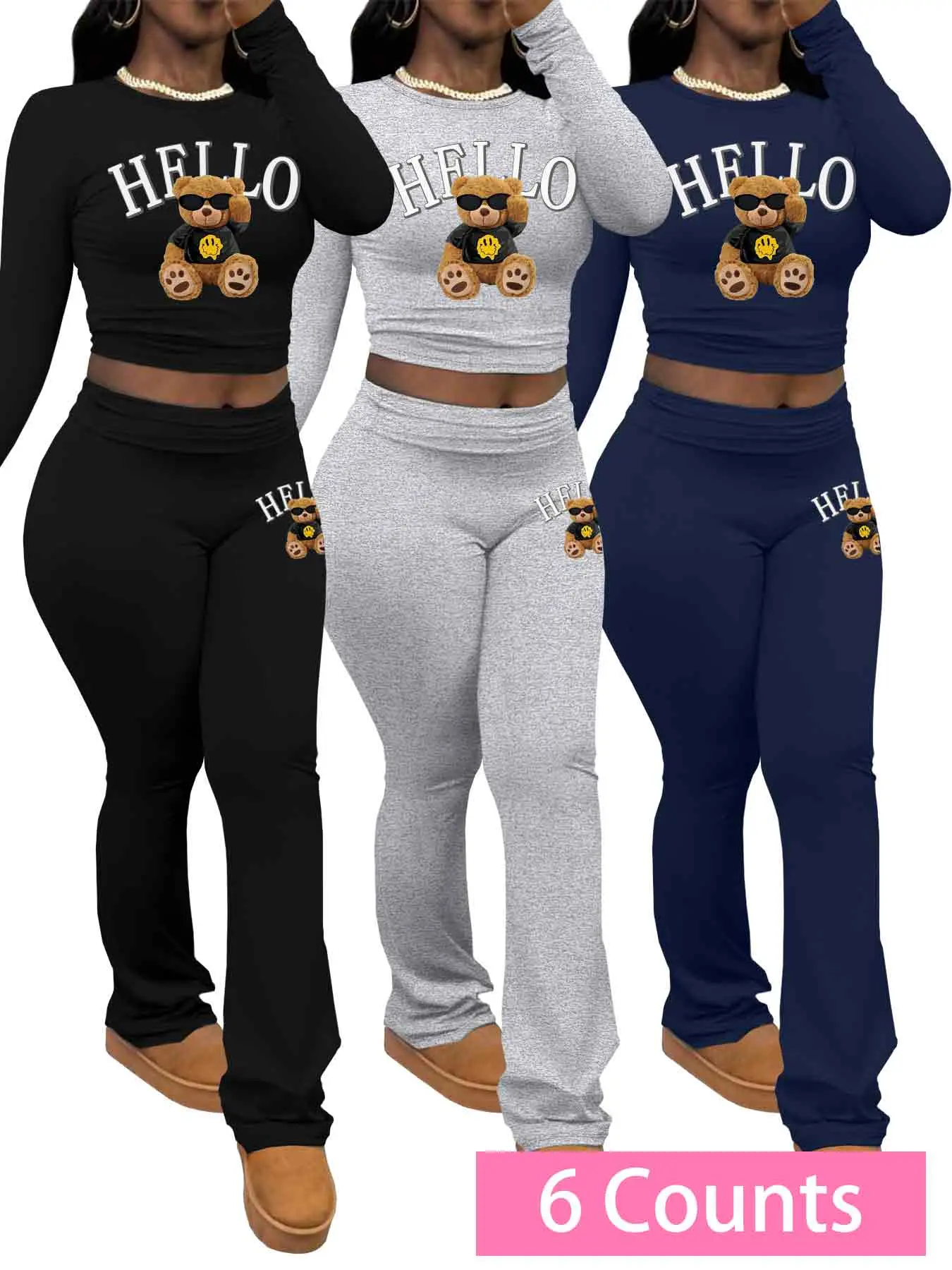 Women's Letter Print Fitted Long Sleeve Tee & Flare Leg Pants Set, Casual Round Neck Top & Bell Bottom Trousers for Spring & Fall, Women's Clothes for Daily Wear, Womenswear, Lady, Cozy Lounge Set, Fashion Clothes Set, Fashion Clothing Set