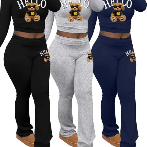 Women's Letter Print Fitted Long Sleeve Tee & Flare Leg Pants Set, Casual Round Neck Top & Bell Bottom Trousers for Spring & Fall, Women's Clothes for Daily Wear, Womenswear, Lady, Cozy Lounge Set, Fashion Clothes Set, Fashion Clothing Set